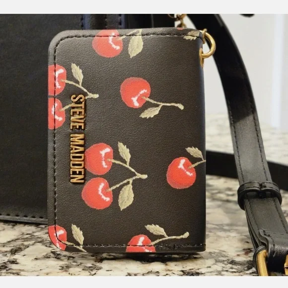 Steve Madden Bevelyn Black Top-Handle Satchel with Cherry-Print Scarf - Picture 2 of 8